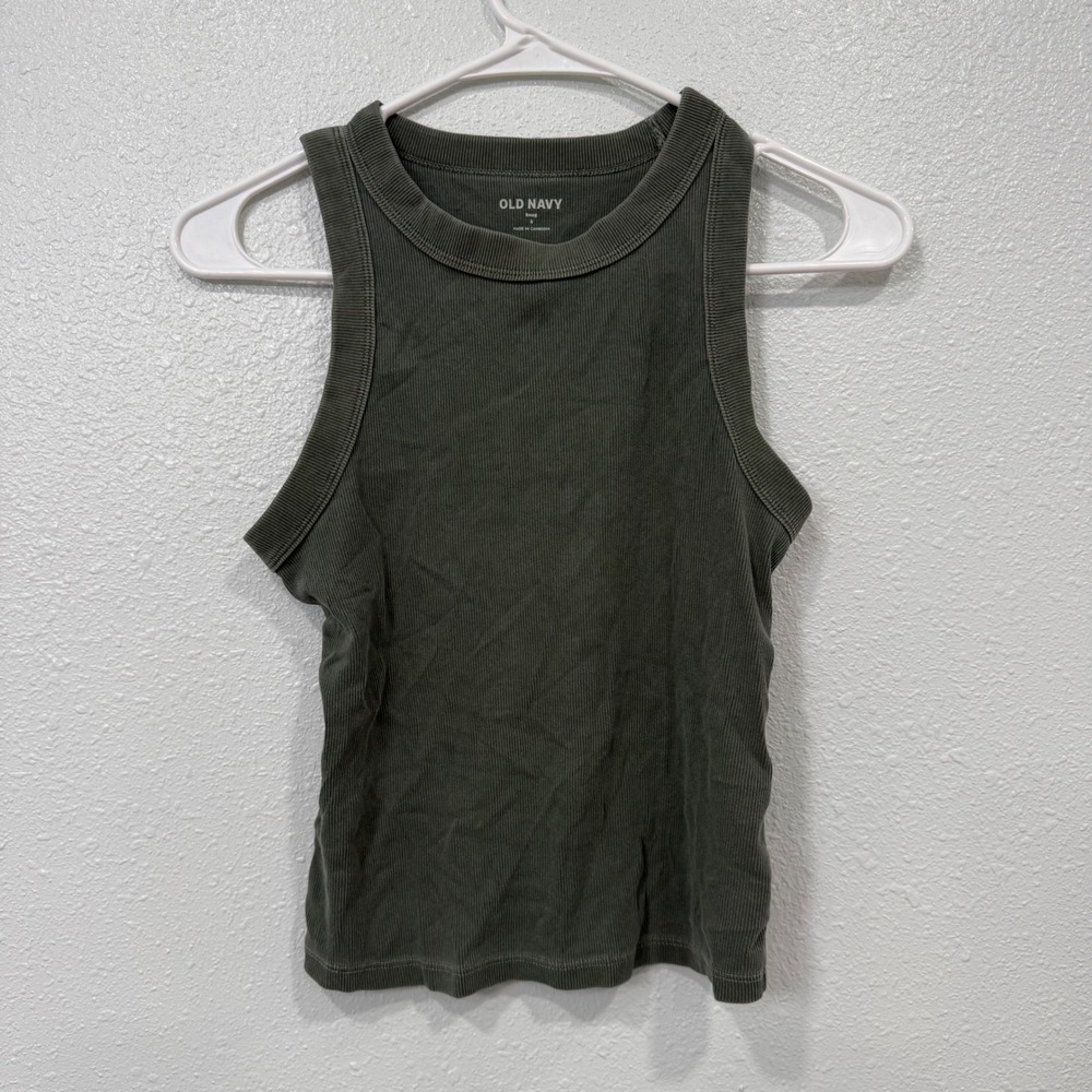 Old Navy Snug Ribbed Tank Top Olive Green High Neck Racerback Womens Small